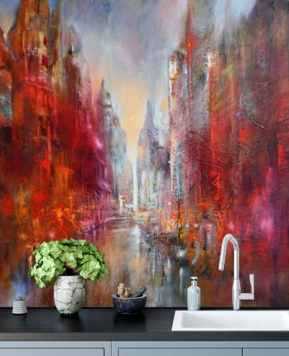 red, orange and pink abstract painted city wallpaper