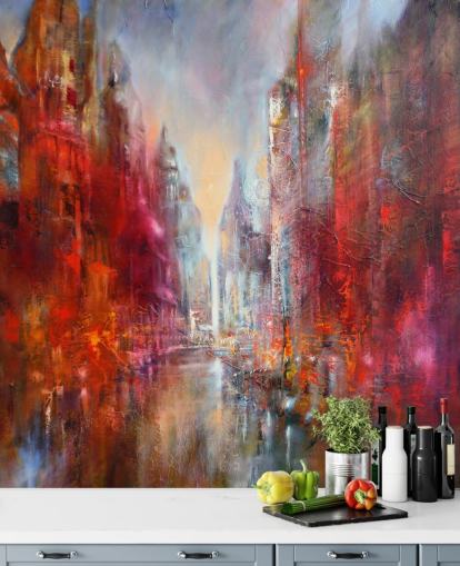 rood, oranje en roze abstract geschilderd stadsbehang