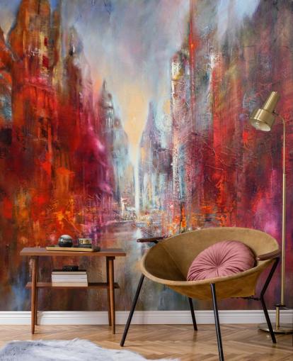 red, orange and pink abstract painted city wallpaper