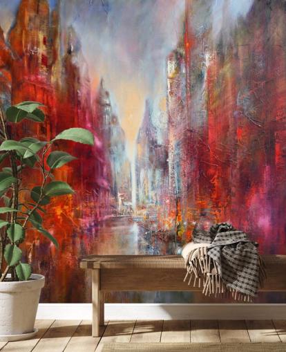 red, orange and pink abstract painted city wallpaper