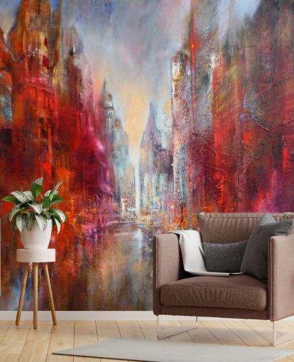 red, orange and pink abstract painted city wallpaper