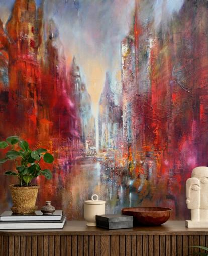 papier peint de ville peint abstrait rouge, orange et rose