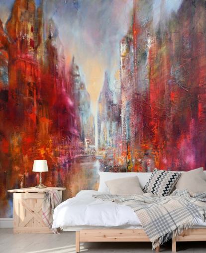 red, orange and pink abstract painted city wallpaper
