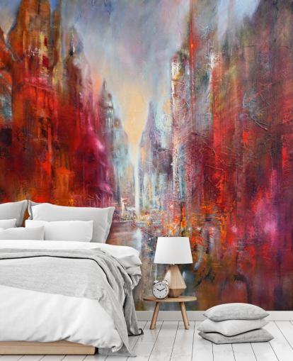 red, orange and pink abstract painted city wallpaper