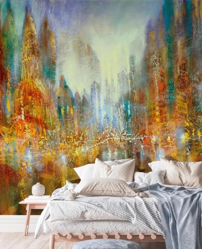 gylden og oransje abstrakt kunst av en by tapet