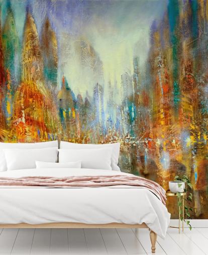 gylden og oransje abstrakt kunst av en by tapet