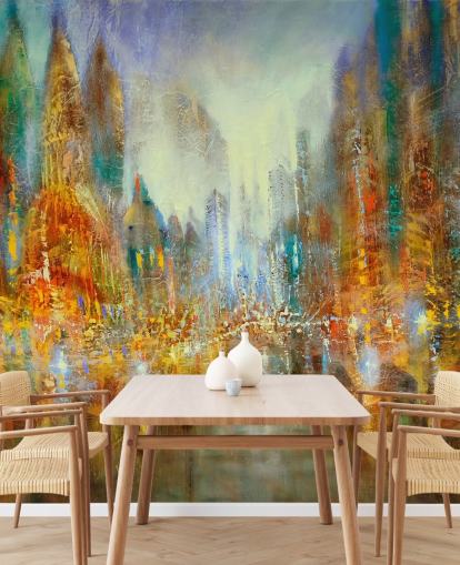 goldene und orange abstrakte Kunst einer Stadt Tapete