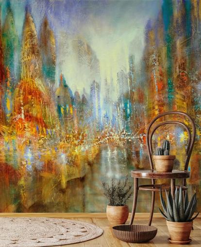 arte abstracto dorado y naranja de un papel pintado de la ciudad