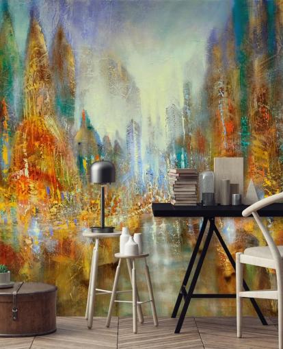 gylden og oransje abstrakt kunst av en by tapet gylden og oransje abstrakt kunst av en by tapet