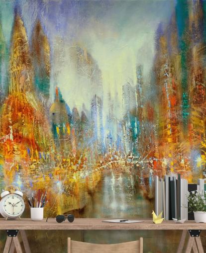 arte abstracto dorado y naranja de un papel pintado de la ciudad