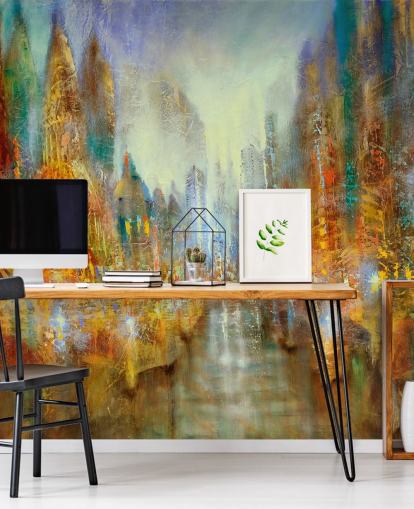 goldene und orange abstrakte Kunst einer Stadt Tapete