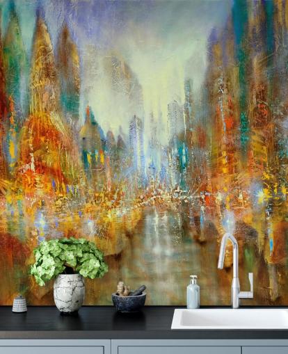 arte abstrata dourada e laranja de um papel de parede da cidade