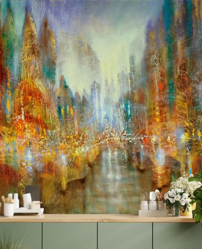 golden and orange abstract art of a city wallpaper