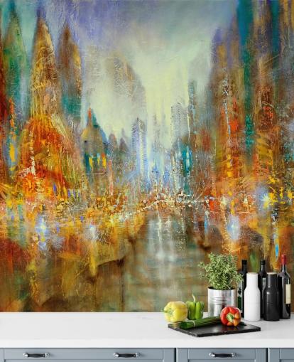 golden and orange abstract art of a city wallpaper