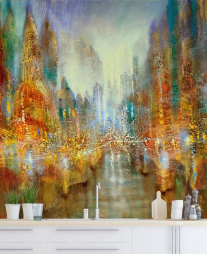 golden and orange abstract art of a city wallpaper