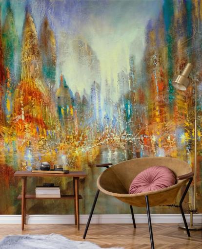 gyldne og orange abstrakt kunst af en by tapet