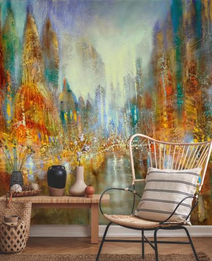 gouden en oranje abstracte kunst van een stadsbehang