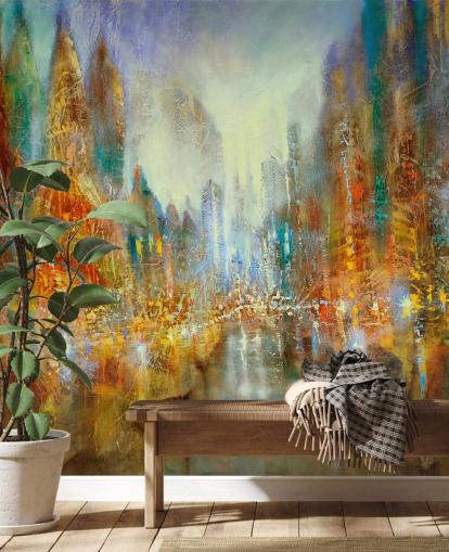 gouden en oranje abstracte kunst van een stadsbehang