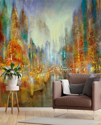 goldene und orange abstrakte Kunst einer Stadt Tapete