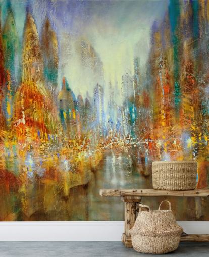 gouden en oranje abstracte kunst van een stadsbehang