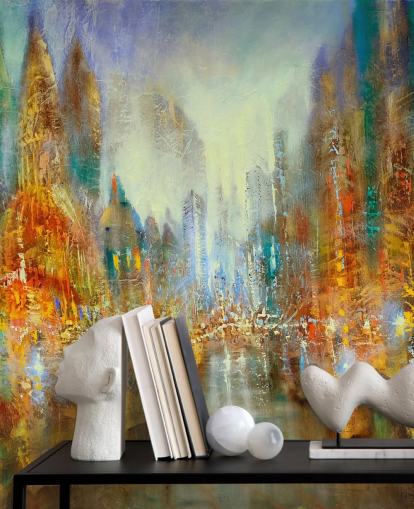 goldene und orange abstrakte Kunst einer Stadt Tapete