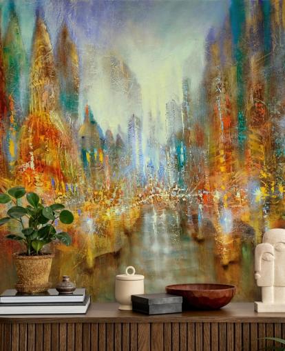 goldene und orange abstrakte Kunst einer Stadt Tapete