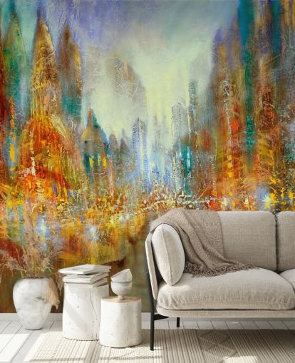 gylden og oransje abstrakt kunst av en by tapet