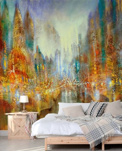 arte abstracto dorado y naranja de un papel pintado de la ciudad