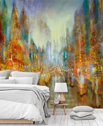 golden and orange abstract art of a city wallpaper