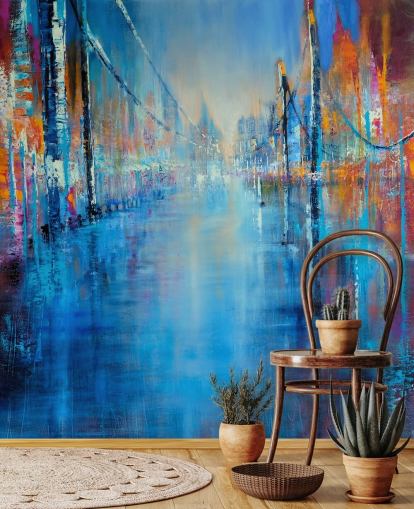 blue and orange abstract art of road wallpaper