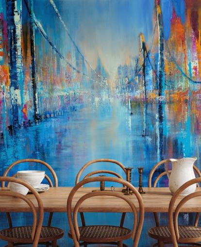 blauwe en oranje abstracte kunst van wegbehang blauwe en oranje abstracte kunst van wegbehang