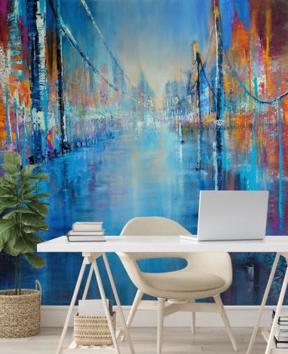 blue and orange abstract art of road wallpaper