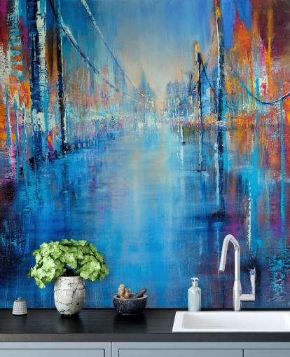 blue and orange abstract art of road wallpaper