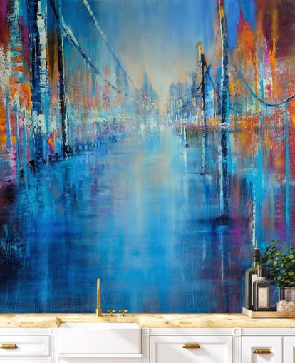 blå og oransje abstrakt kunst av veien tapet