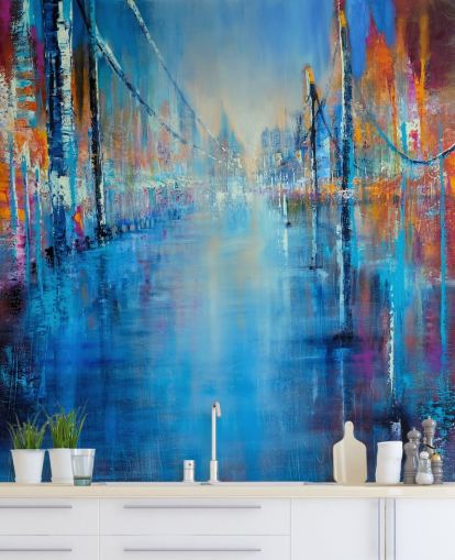 blue and orange abstract art of road wallpaper