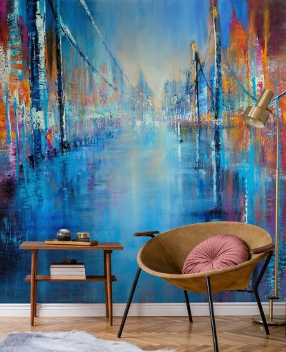 blå og orange abstrakt kunst vej tapet