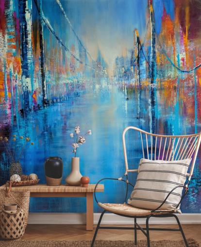 blue and orange abstract art of road wallpaper