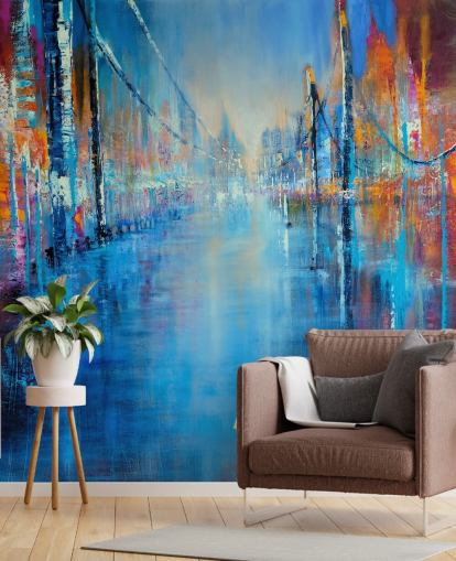 blå og oransje abstrakt kunst av veien tapet