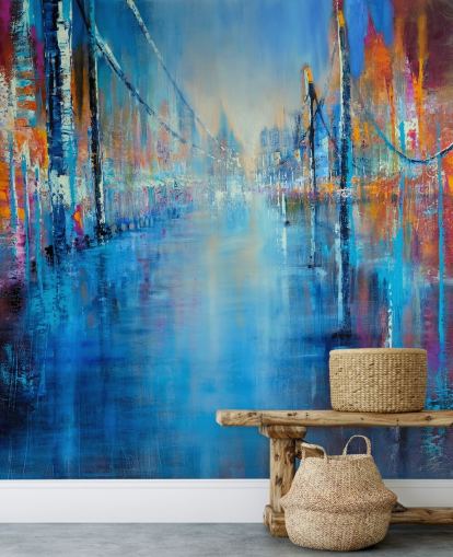 blauwe en oranje abstracte kunst van wegbehang blauwe en oranje abstracte kunst van wegbehang