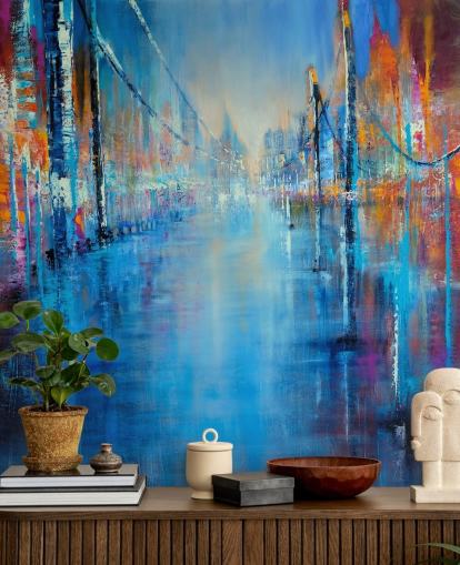 blå og orange abstrakt kunst vej tapet