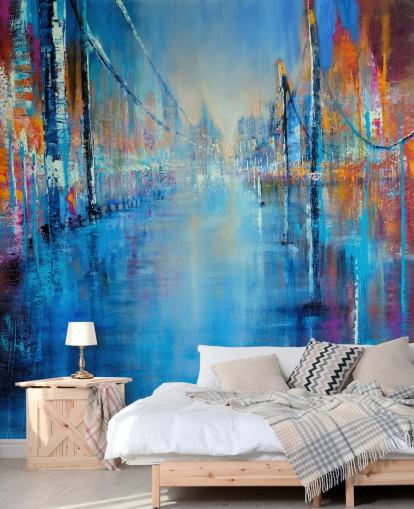 blauwe en oranje abstracte kunst van wegbehang blauwe en oranje abstracte kunst van wegbehang