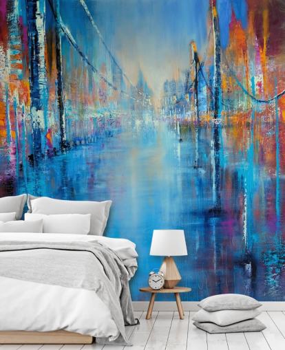 blå og oransje abstrakt kunst av veien tapet