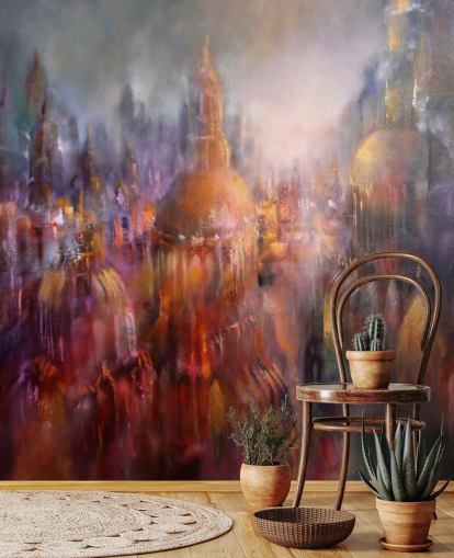 abstract kleurrijk schilderij van kathedralen behang