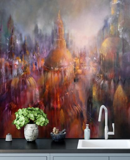 abstract colourful painting of cathedrals wallpaper