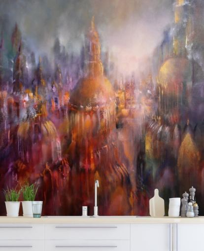 abstract colourful painting of cathedrals wallpaper