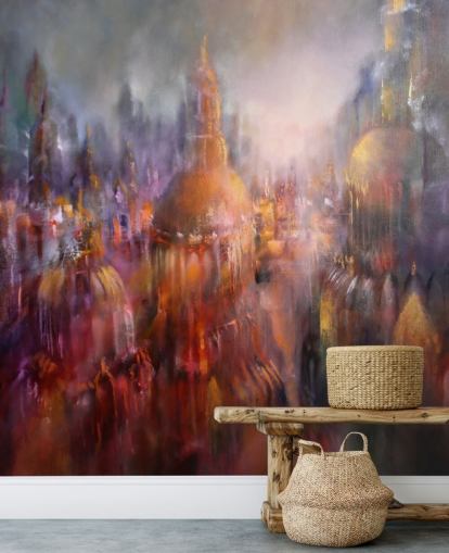 abstract colourful painting of cathedrals wallpaper