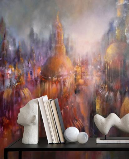 abstract colourful painting of cathedrals wallpaper
