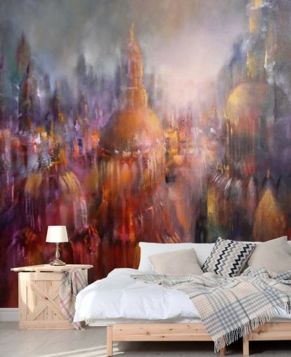 abstract colourful painting of cathedrals wallpaper
