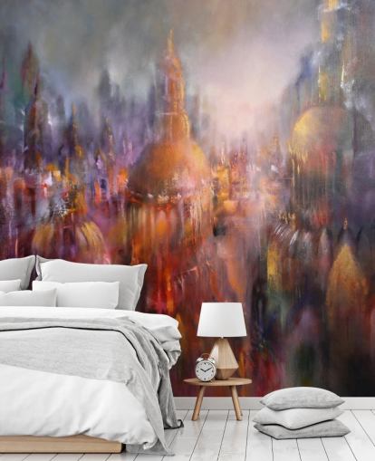 abstract colourful painting of cathedrals wallpaper