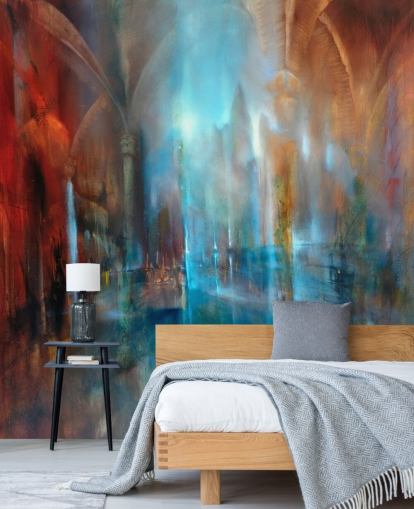 abstract art of city and abbey pillars wallpaper